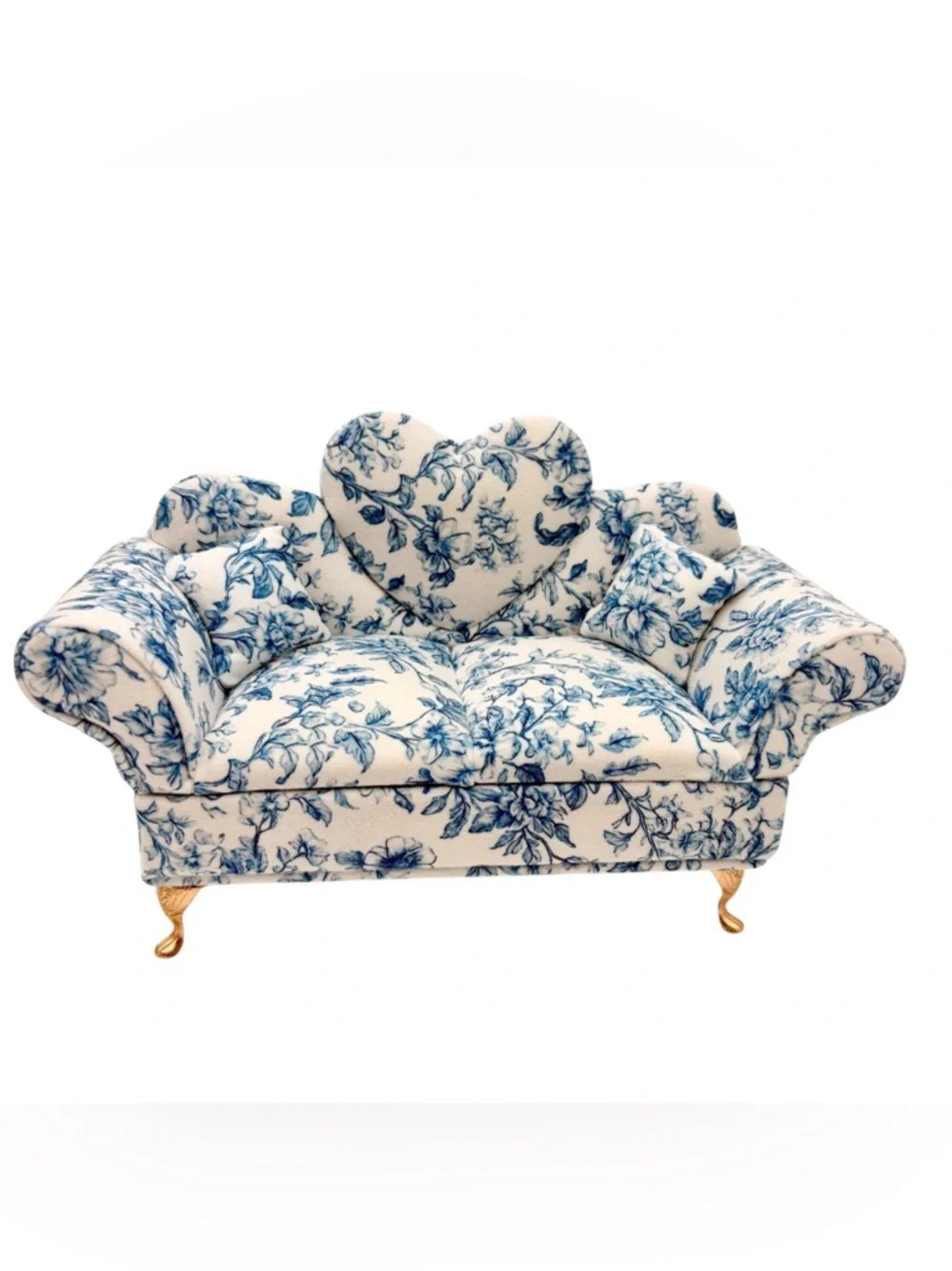 Blue White Floral Toile Sofa Jewelry Box Heart Back Miniature